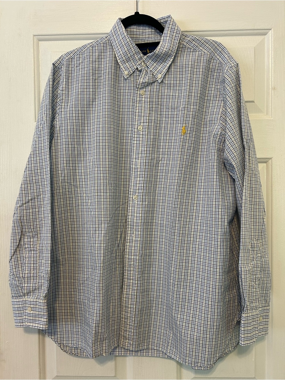 Ralph Lauren Blue and White Check Button-Down Shirt with Yellow Logo